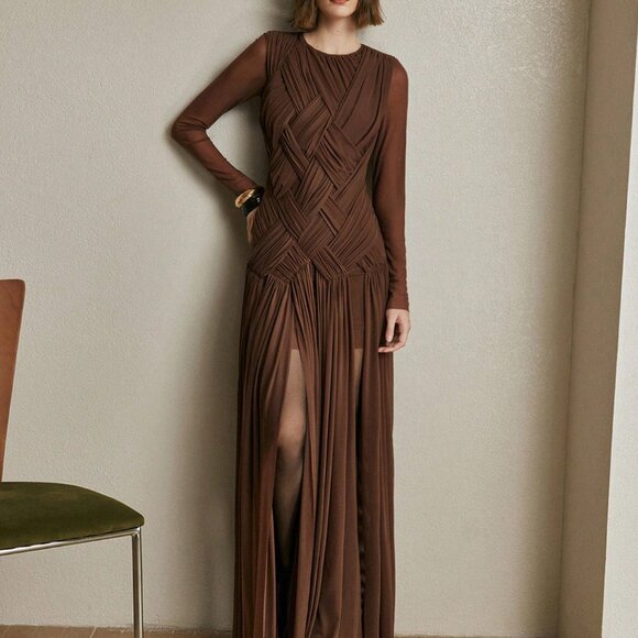 Coffee Brown Elegant Women's Long Dress - Picture 6 of 8
